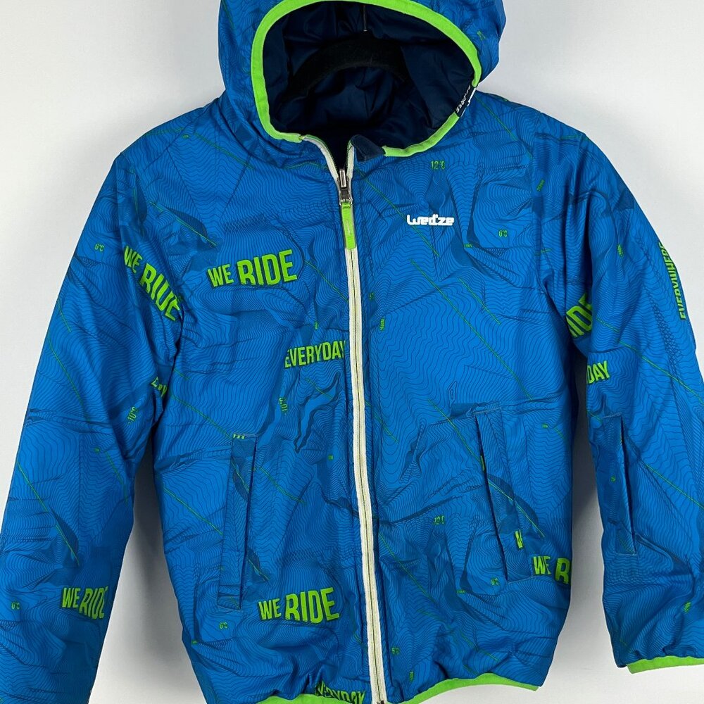 Decathlon Wedze Kids Puffer Jacket Size 8 Blue Reversible Full Zip Hooded Polyes